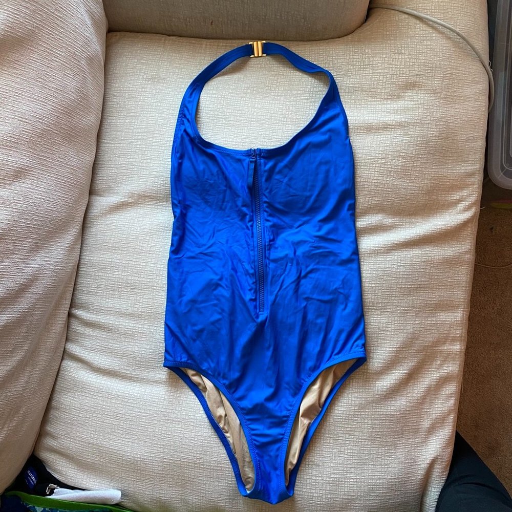 J. Crew Royal Blue Halter One-Piece Swimsuit with Front Zip